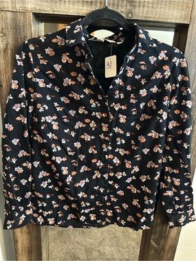 People Tree Organic Cotton Floral Button Up Shirt Black Long Sleeve US 4 Women’s
